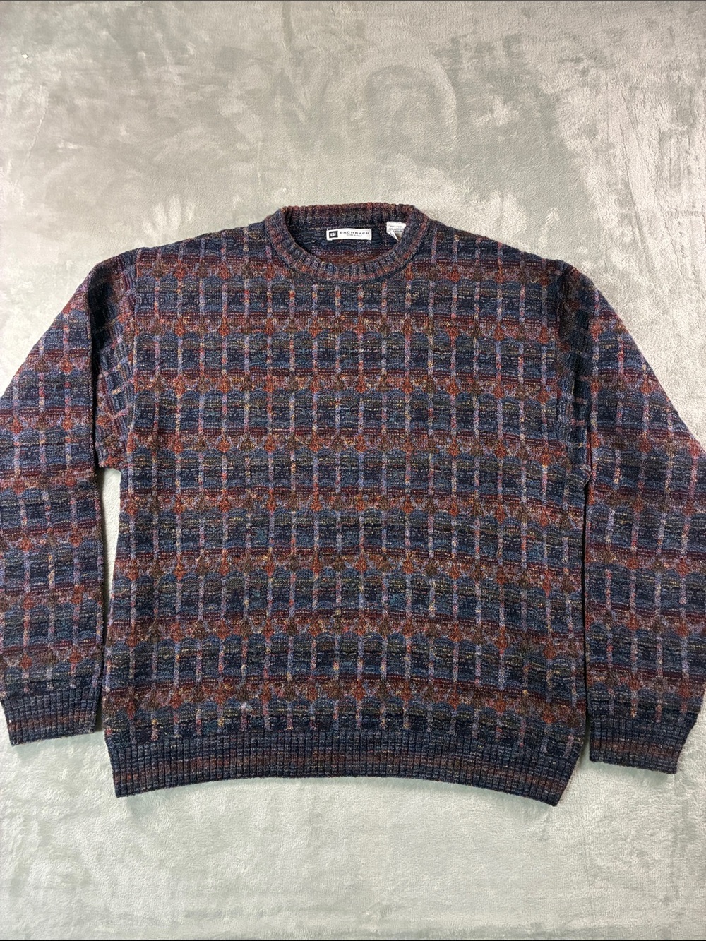 Vintage Bachrach Sweater Mens L Made in Italy Wool Blend Geometric Grandpa Knit